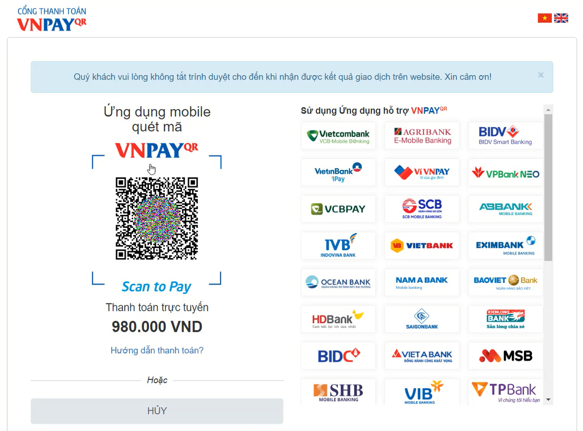 Quét mã thanh toán VNPAY QR ứng với đơn hàng.