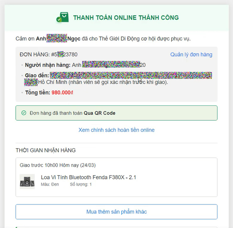 Thegioididong xác nhận đơn hàng thanh toán online thành công.