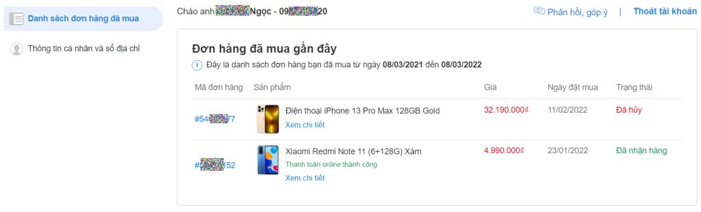 Xem lịch sử mua hàng TGDD? cách tra cứu đơn hàng Thegioididong